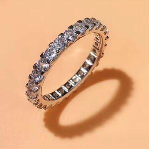 Thin Finger Rings Silver Color Band with Shiny Cubic Zirconia 6